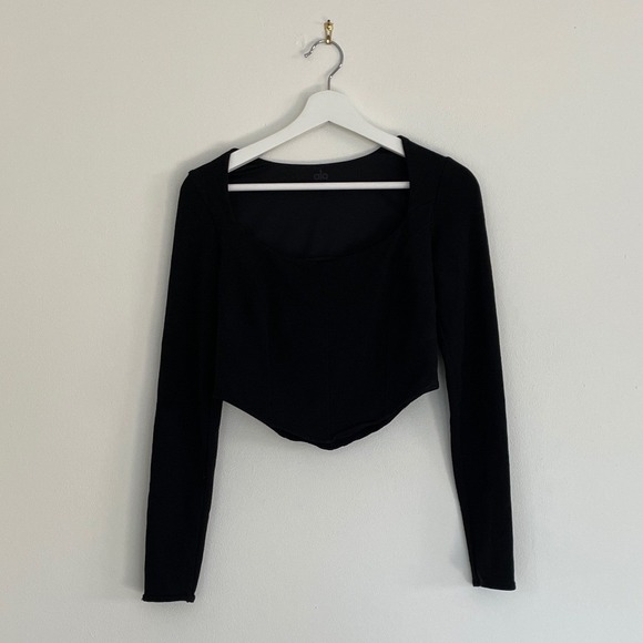 ALO Yoga Tops - Alo Yoga Womens Black Long Sleeve Corset Top Square Neck Curved Hem Medium